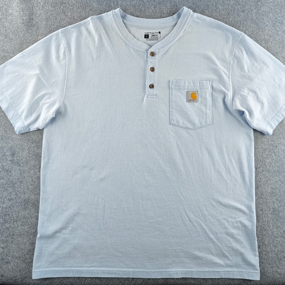 Carhartt Henley Pocket T Shirt Mens Large Loose Fit Short Sleeve Light Blue